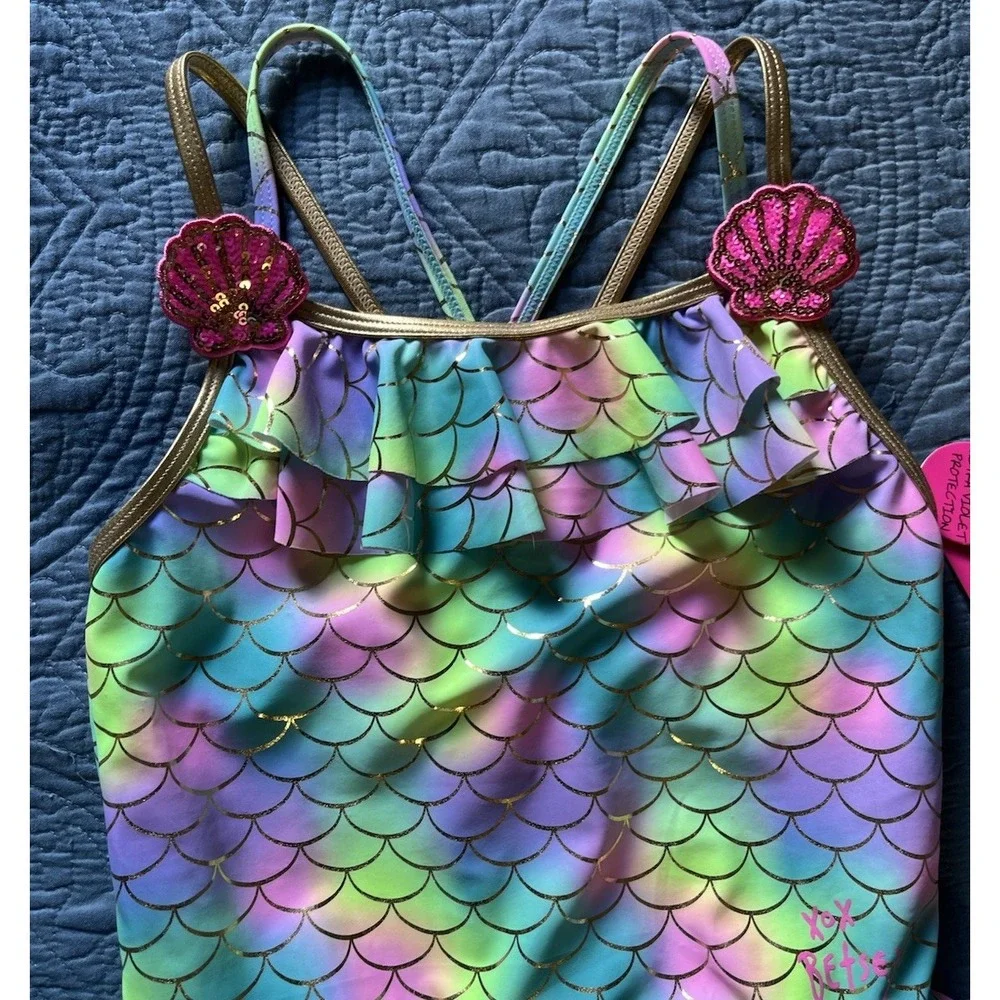 Betsey‎ Johnson Swimsuit Girls Sz 10 Mermaid Rainbow Ruffles Seashells One Piece